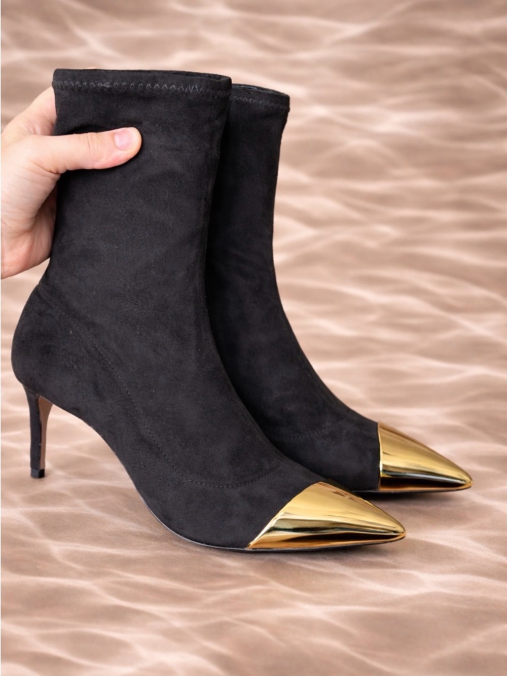 NWT - SCHUTZ Black Suede Ankle Boots with Gold Cap Toe Size 7